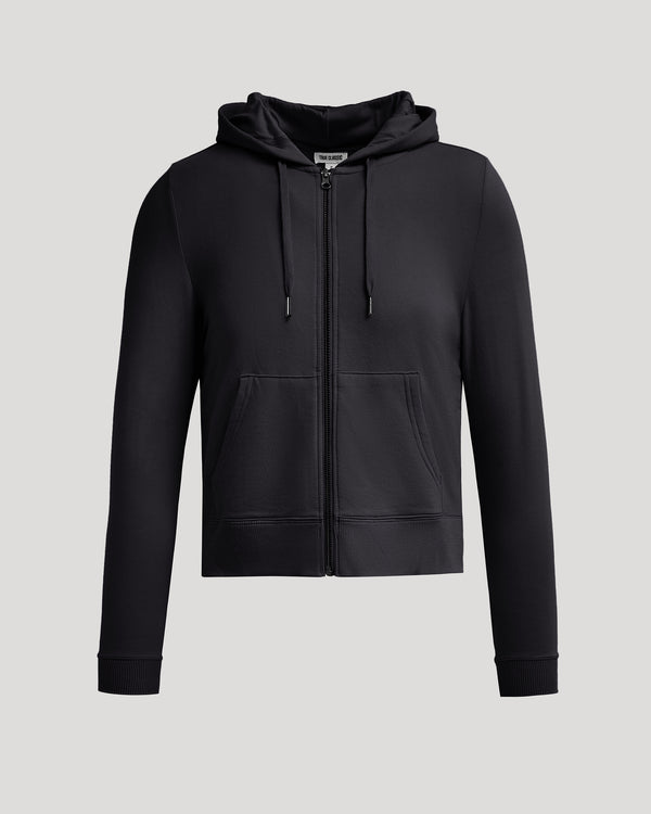 Women's Black Crop Zip Hoodie with drawstring hood and kangaroo pockets.