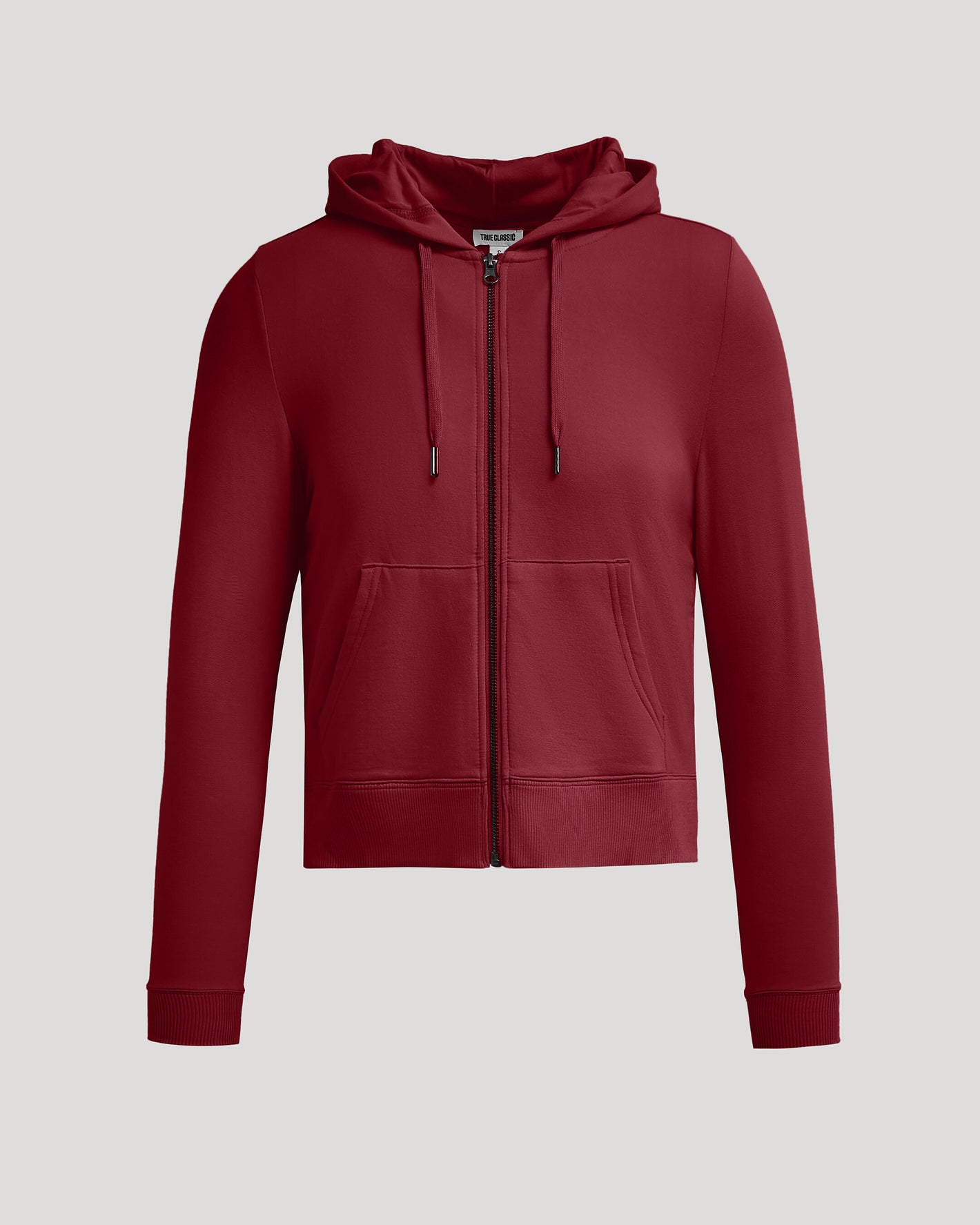 Womens Dark Maroon Crop Zip Hoodie with drawstrings and kangaroo pocket.