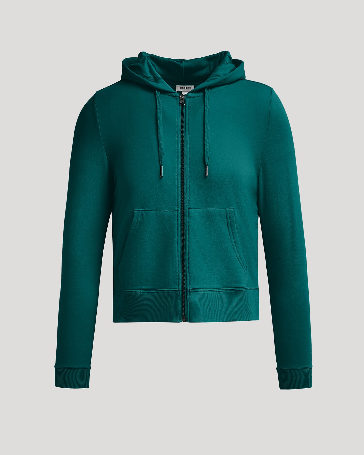 Womens Deep Emerald Crop Zip Hoodie with kangaroo pockets and drawstrings.