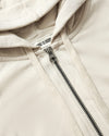 Womens Oatmeal Crop Zip Hoodie with drawcord hood and metal zipper.