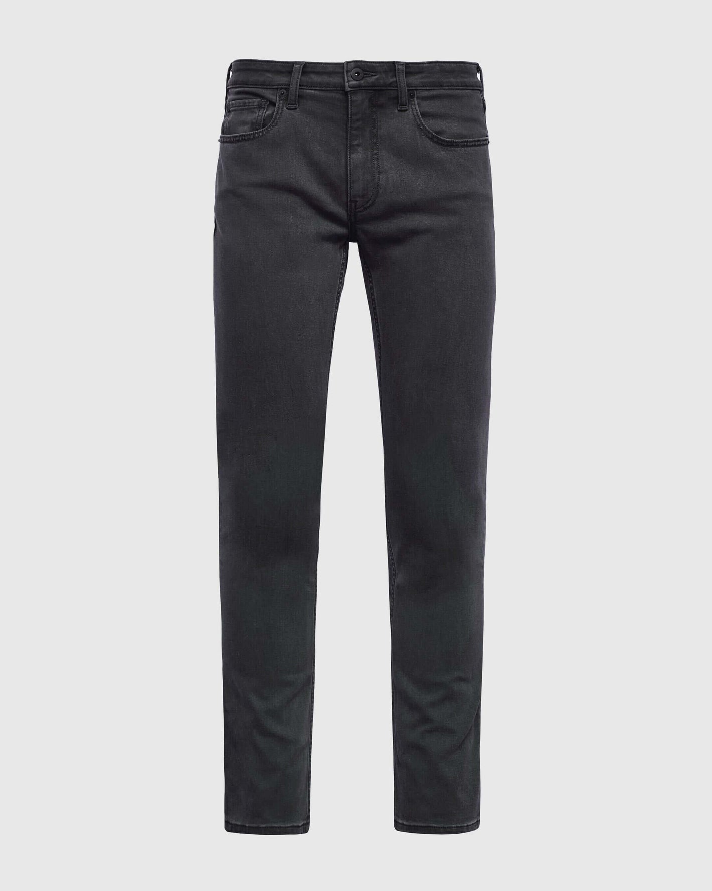 Gray Wash Slim Comfort Stretch Jeans with five-pocket design and button-zip fly.