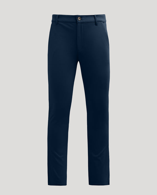 Navy Slim Comfort Knit Chino Pant, front view showing pockets and waistband.