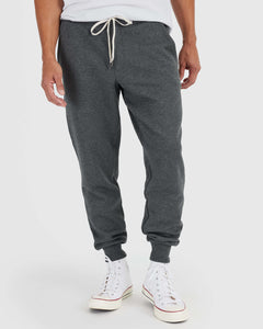 True ClassicCharcoal Heather Gray Fleece French Terry Joggers with ribbed cuffs and drawstring.