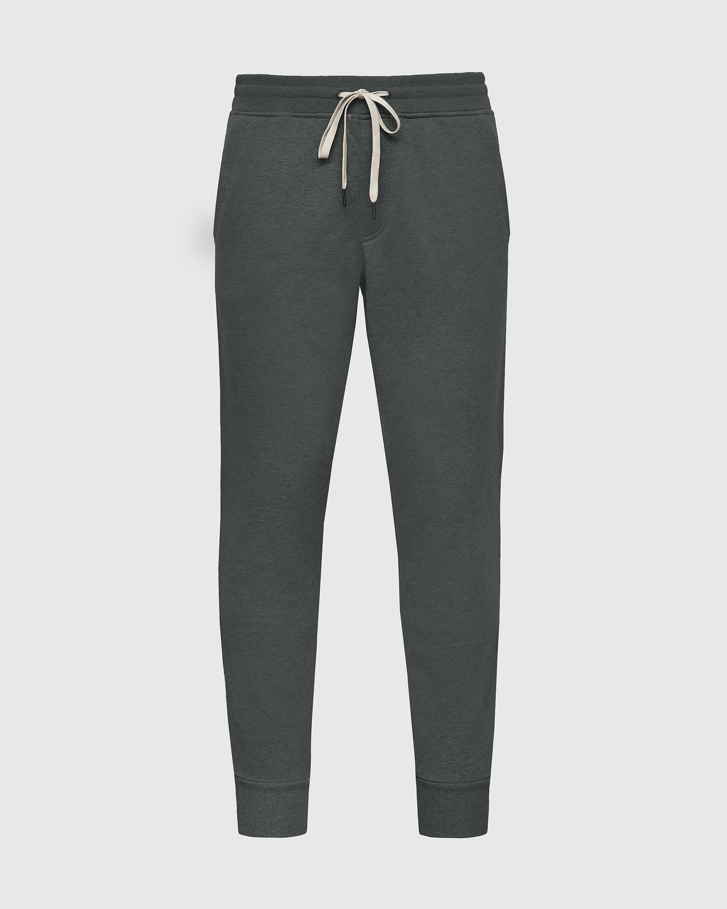 Charcoal Heather Gray Fleece French Terry Joggers with tapered legs.