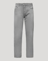 A pair of light gray slim-fit jeans shown flat against a solid light gray background.