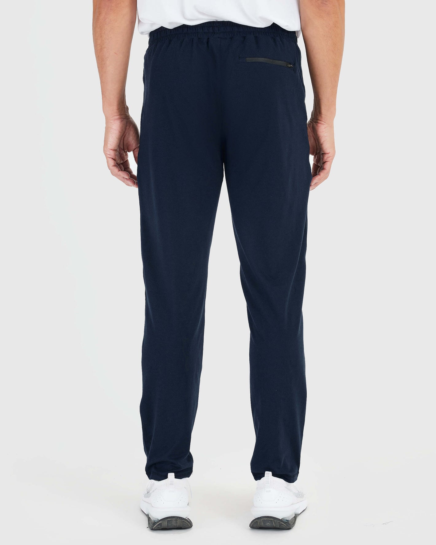 Heather Navy Active Comfort Straight Leg Pant with elastic waistband and back zip pocket.