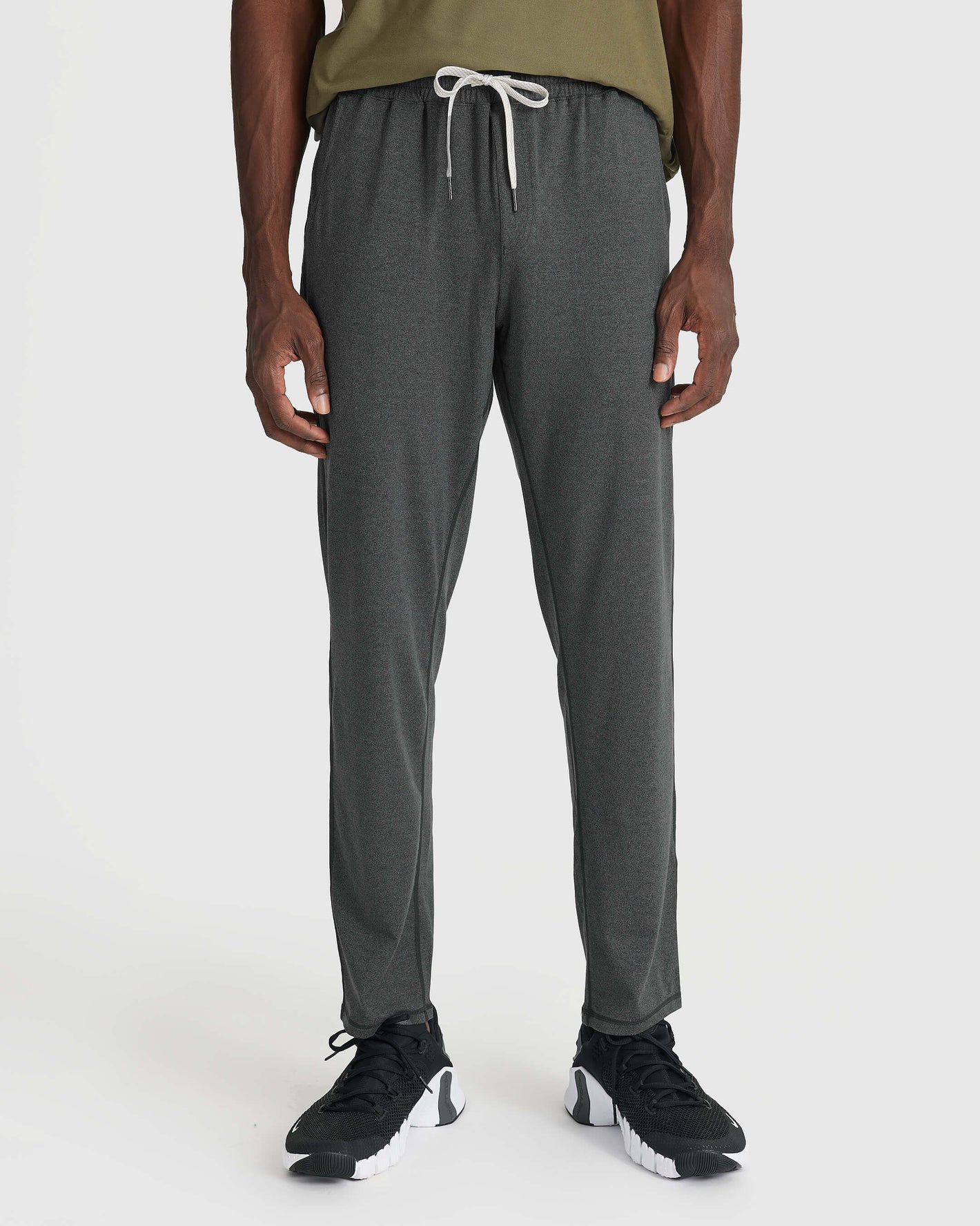 Charcoal Heather Active Comfort Straight Leg Pant with black sneakers shown.