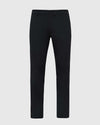 Black Commuter Pants: straight-leg, mid-rise with front button and zip fly.