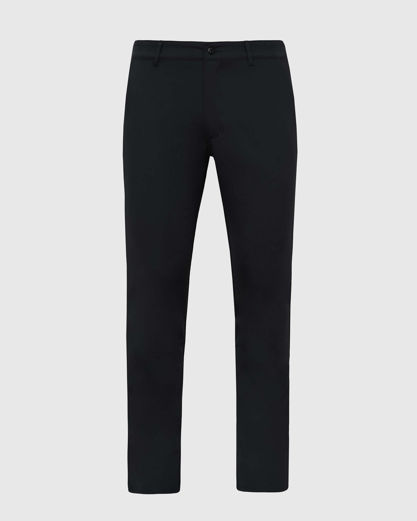 Black Commuter Pants: straight-leg, mid-rise with front button and zip fly.