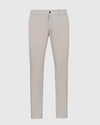 Sandstone Commuter Pants: Slim-fit chinos with tapered legs, front button, belt loops.