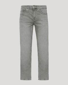 True ClassicMedium Gray Wash Straight Authentic Denim Jeans on neutral background.