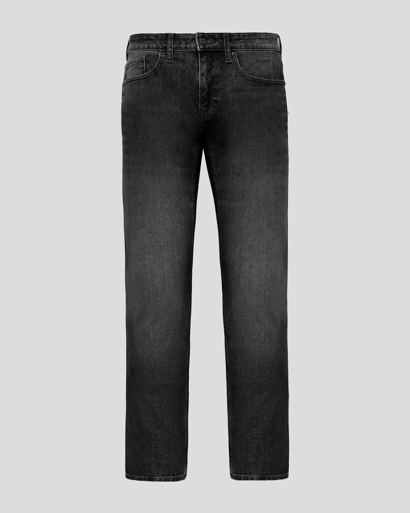 Gray Wash Straight Authentic Denim Jeans, five-pocket style, front view, against neutral background.
