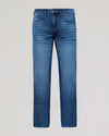Medium Indigo Wash Straight Authentic Denim Jeans, front view, five-pocket, button closure.