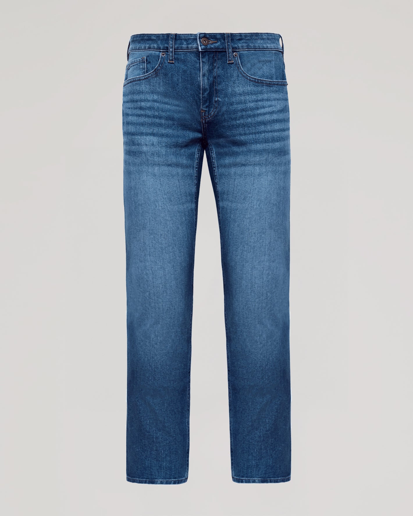 Medium Indigo Wash Straight Authentic Denim Jeans, front view, five-pocket, button closure.