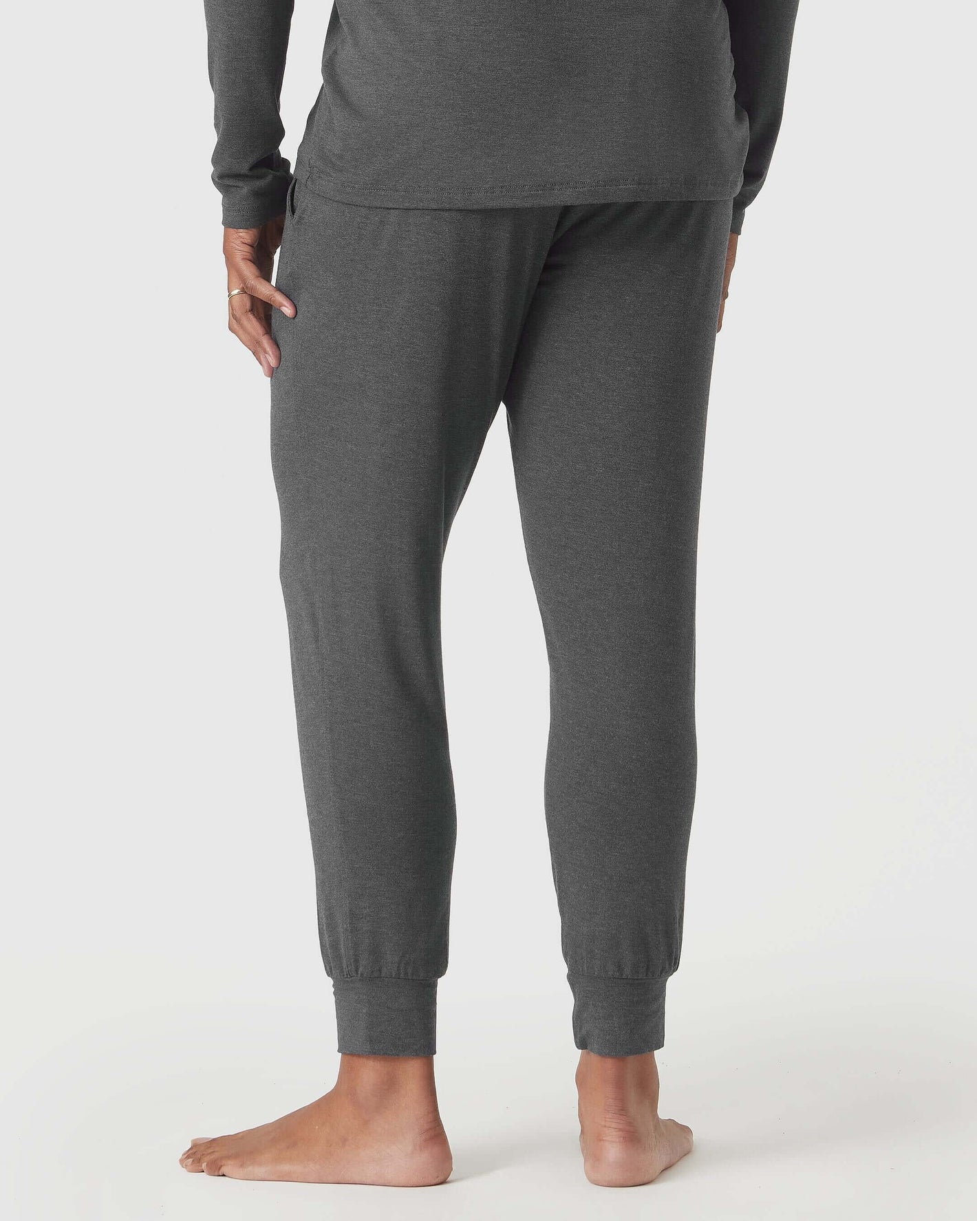 Charcoal Heather Gray Loungewear Long Sleeve Tee And Jogger Set, back view.
