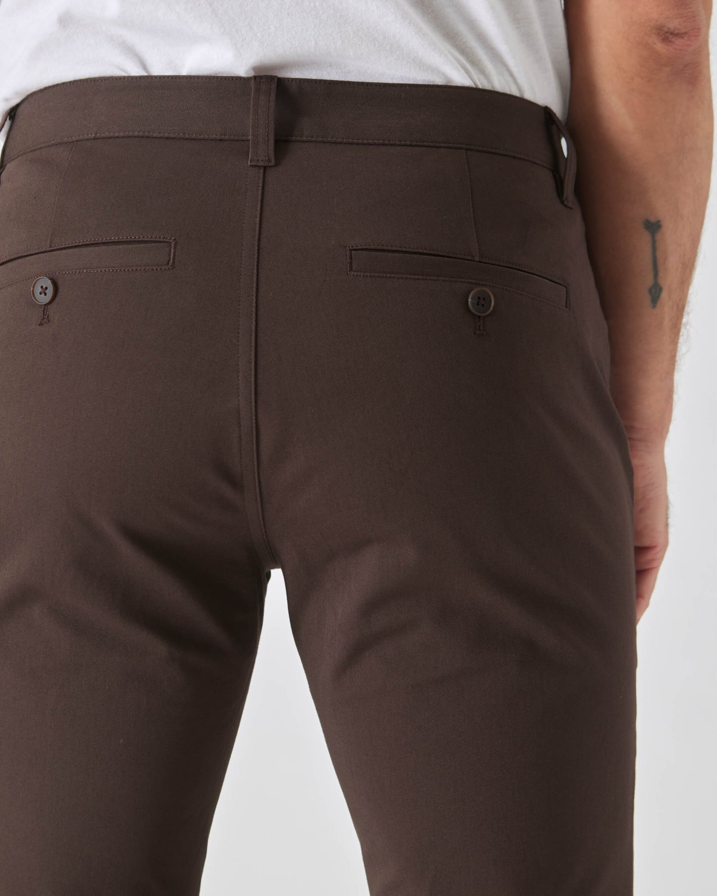 Dark Oak Slim Twill Chino Pant with tailored fit and welt back pockets.