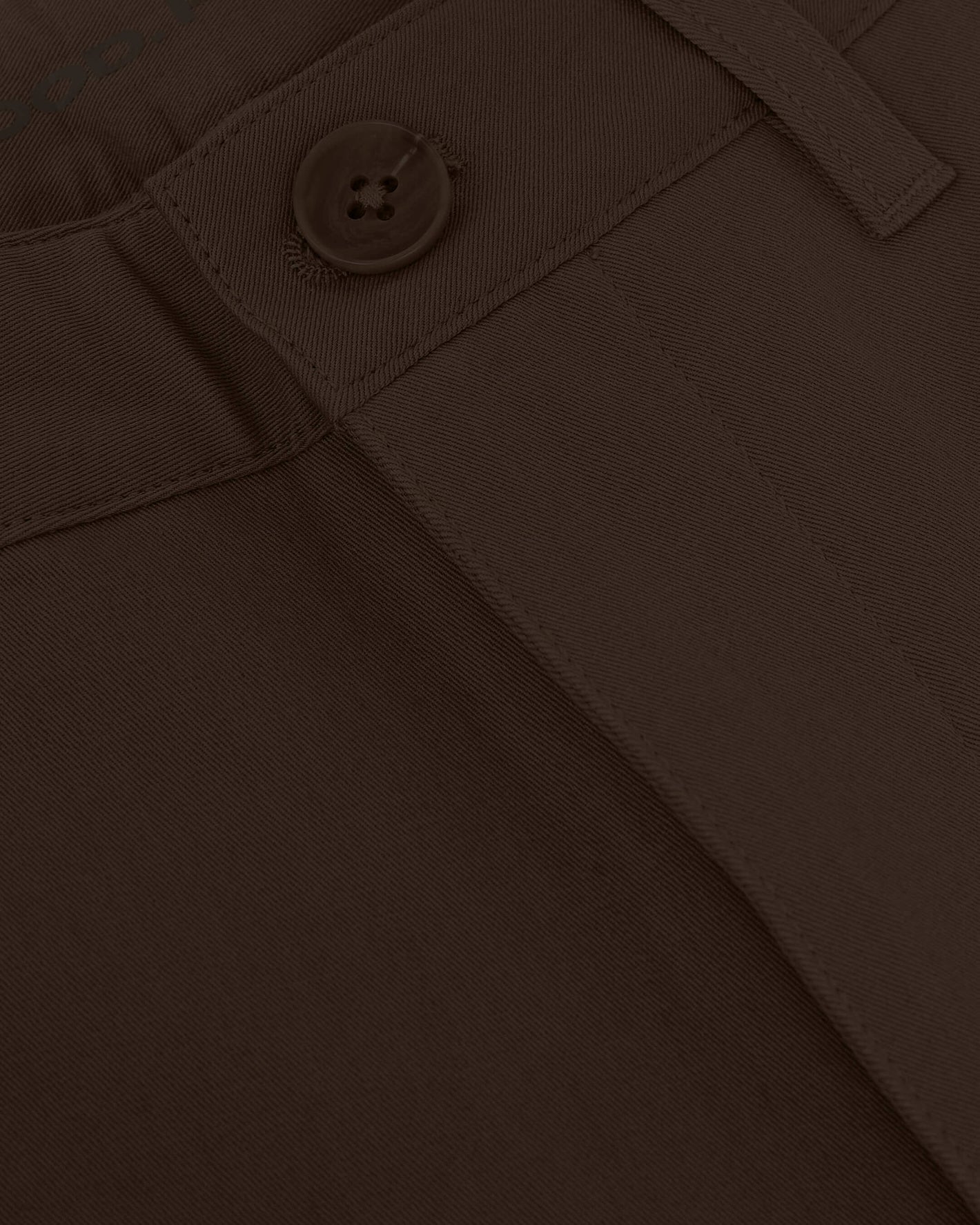 Dark Oak Slim Twill Chino Pant waistband with button, belt loop, pleat.