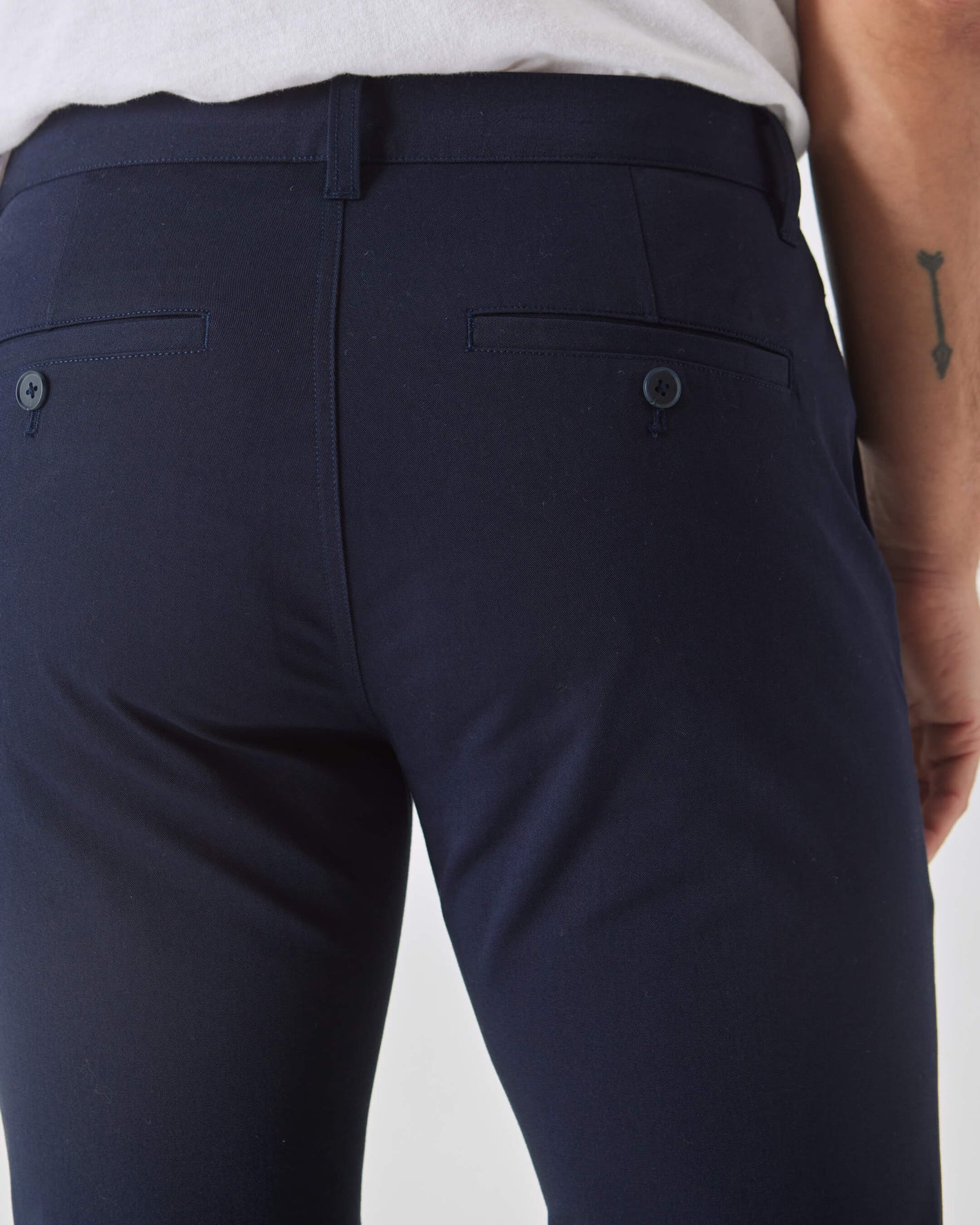 Navy Slim Twill Chino Pant with welt pockets and belt loops.