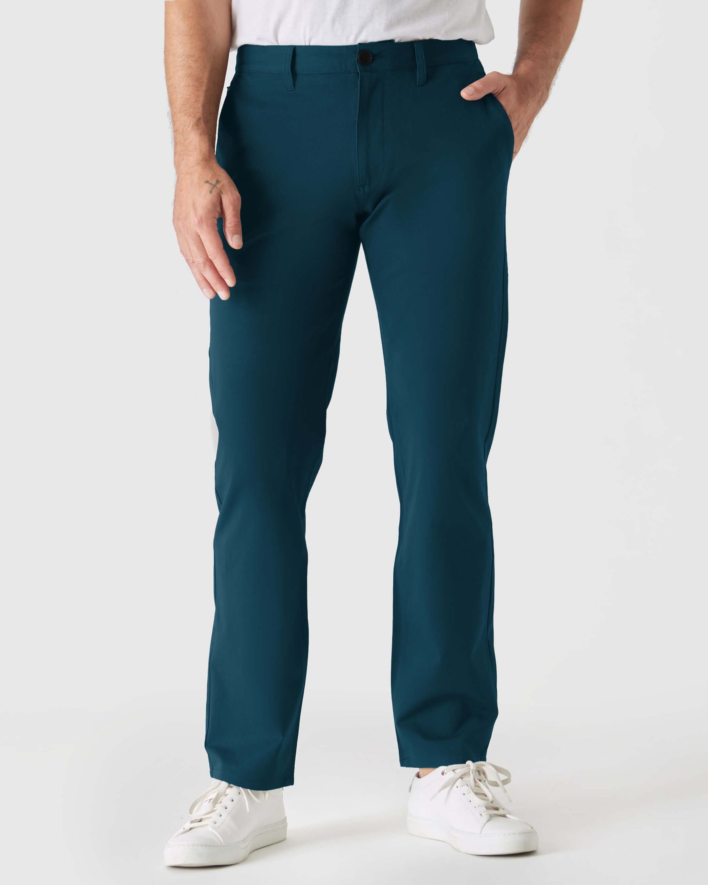 Centurion Straight Twill Chino Pant, teal-blue, worn with white sneakers.