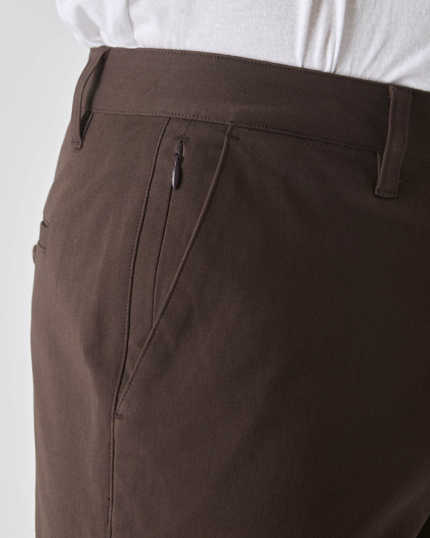 Dark Oak Straight Twill Chino Pant with belt loop and zipper detail.