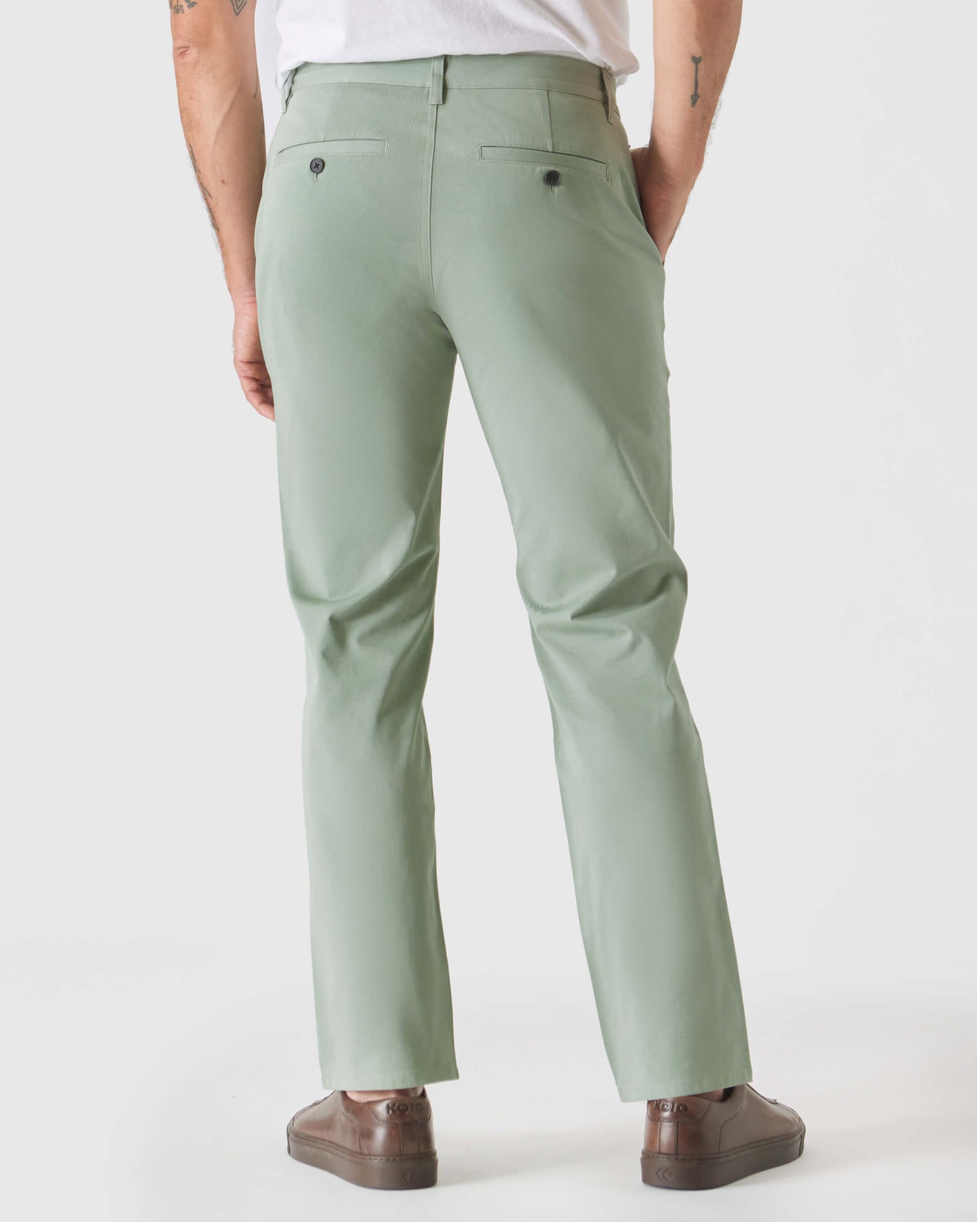 Meadow Straight Twill Chino Pant, back view, light sage-green.