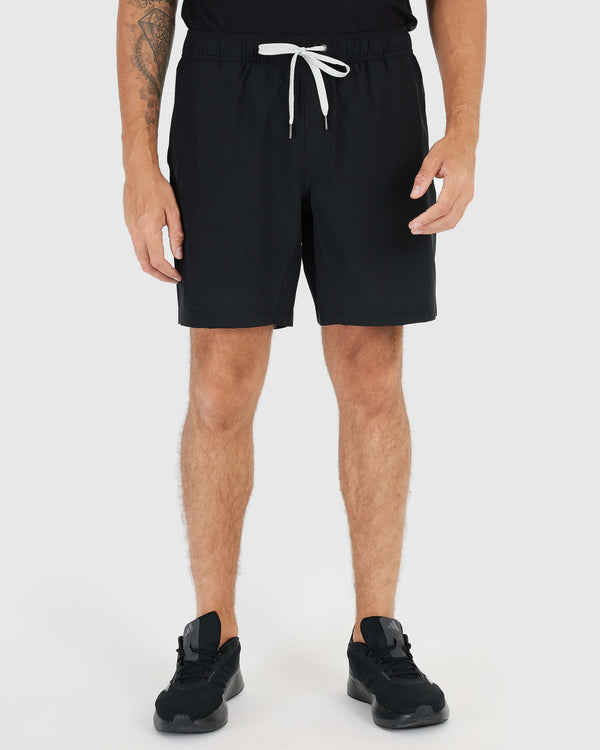 Black Active Quick Dry Shorts with Liner, elastic waistband, white drawcord.