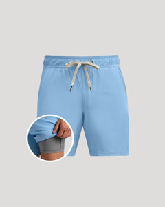 True ClassicLight blue shorts with a drawstring on a gray background