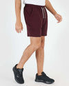 Dark Heather Burgundy Active Comfort Shorts with side pockets and drawstring.