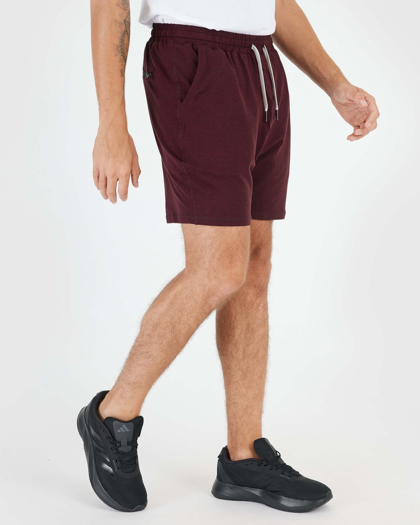 Dark Heather Burgundy Active Comfort Shorts with side pockets and drawstring.