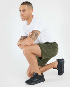 True ClassicMan in Dark Heather Military Green Active Comfort Short kneeling.