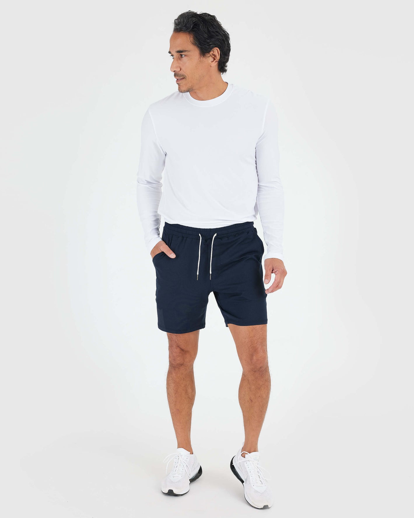 Man wearing Charcoal & Dark Heather Navy Active Comfort Shorts 2-Pack.