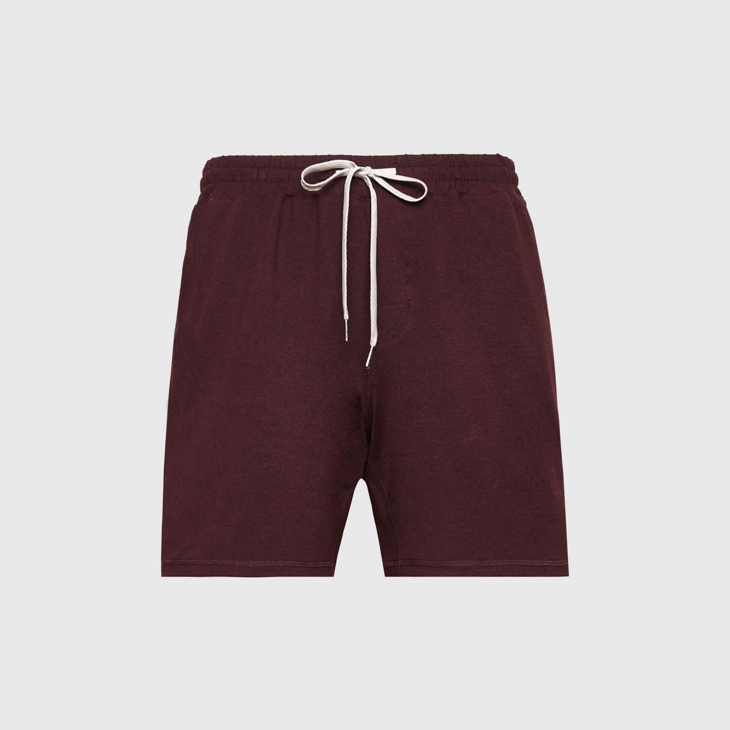 Dark Heather Burgundy Active Comfort Shorts with elastic waistband and drawstring.