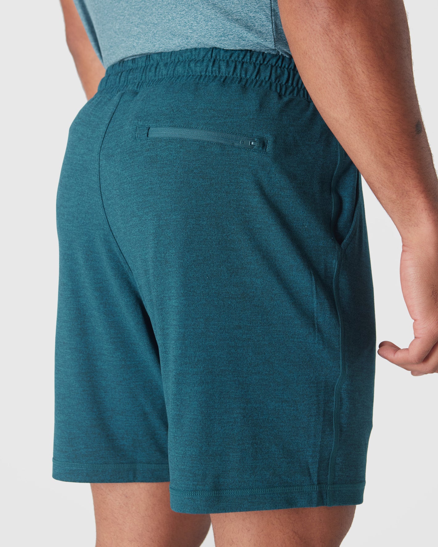 Dark Heather Centurion Active Comfort Shorts featuring elastic waistband and zip pocket.
