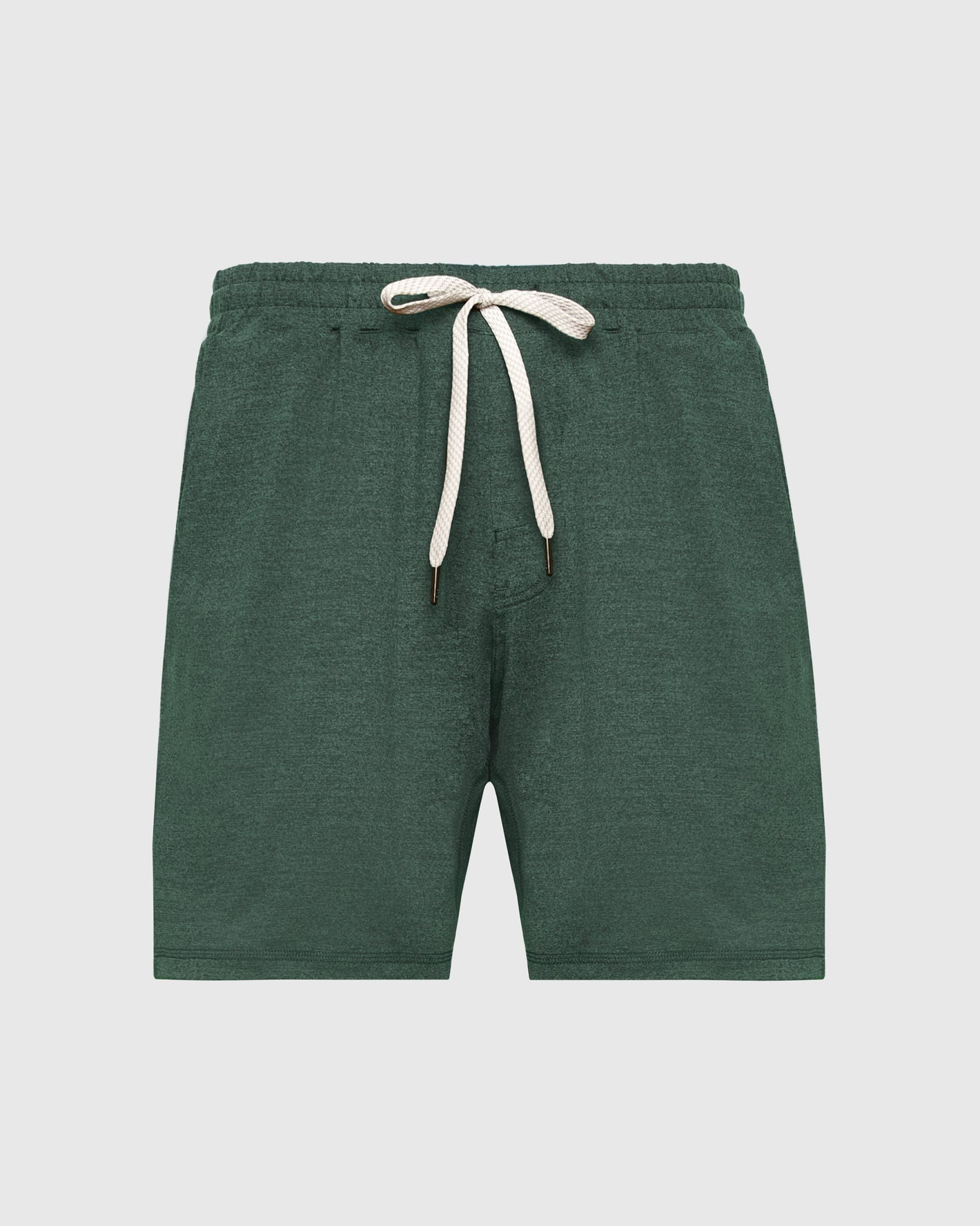 Heather Forest Active Comfort Shorts with elastic waistband and off-white drawstring.