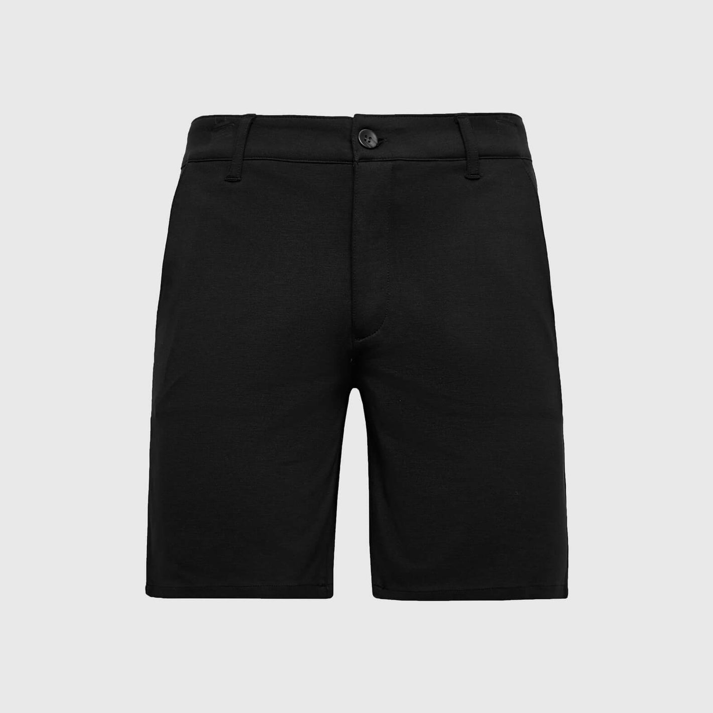9 Black Comfort Knit Chino Shorts, front view with button-and-zip closure.
