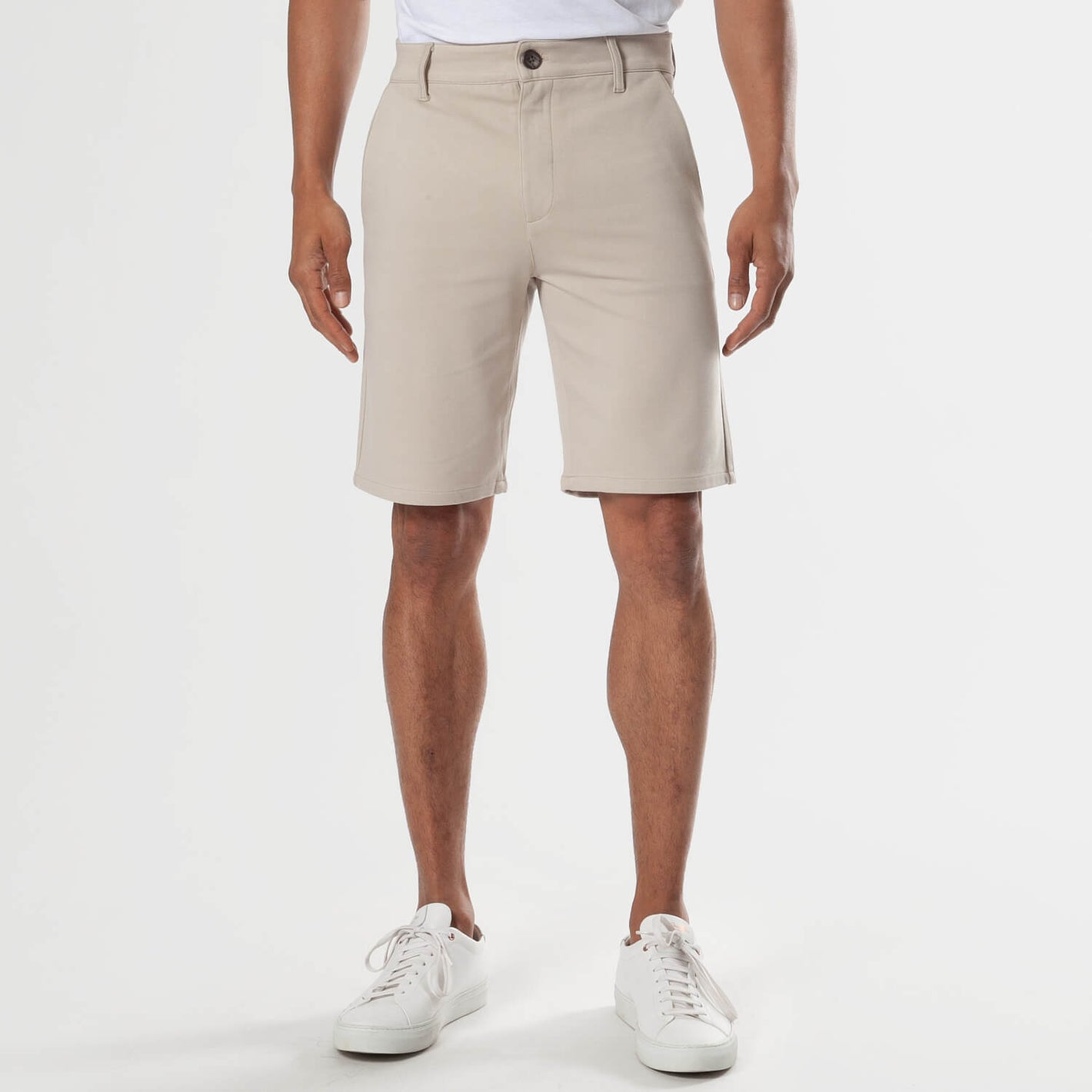 9 Black & Sandstone Comfort Knit Chino Shorts modeled with sneakers.