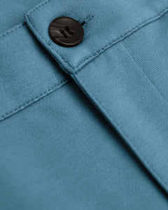 True Classic9 Sapphire & Slate Green Comfort Knit Chino Shorts, button and seam detail.