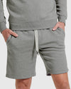 Medium Heather Gray Fleece French Terry Shorts with ribbed hem and drawstring.