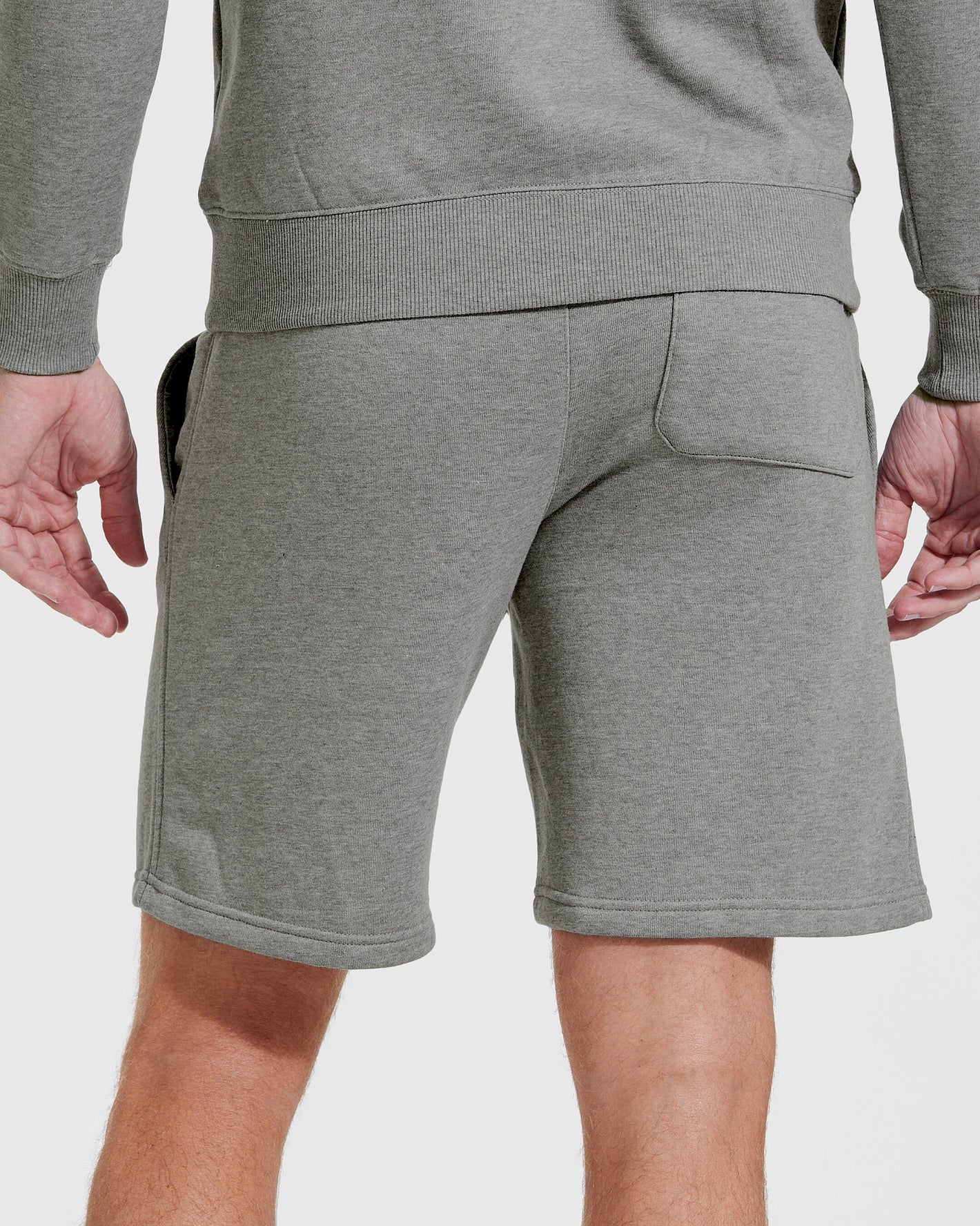 Medium Heather Gray Fleece French Terry Shorts with rear patch pocket.