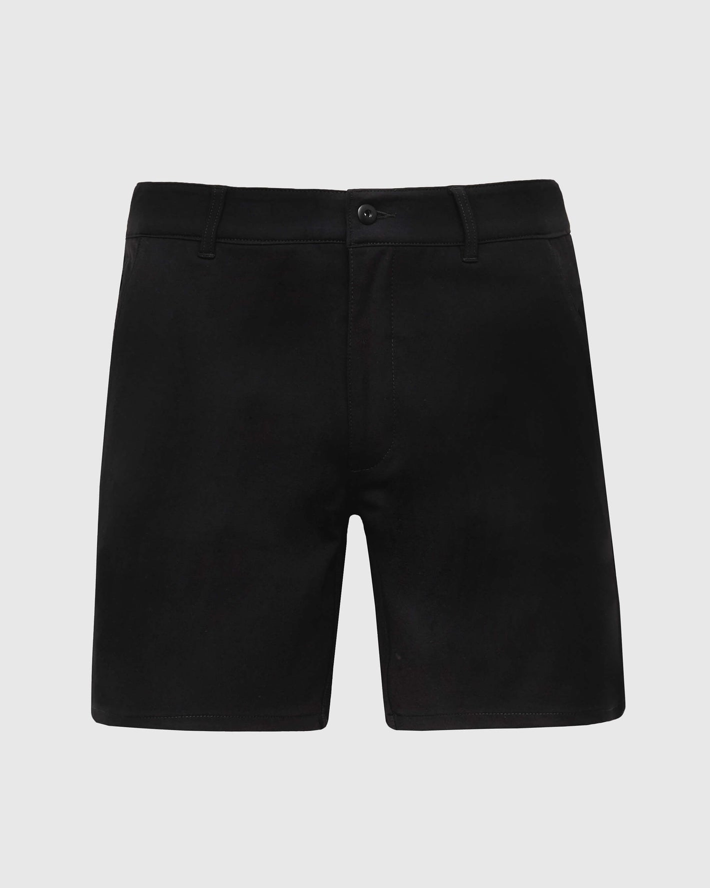 Black Commuter Short, mid-thigh, sleek design, belt loops, side pockets.