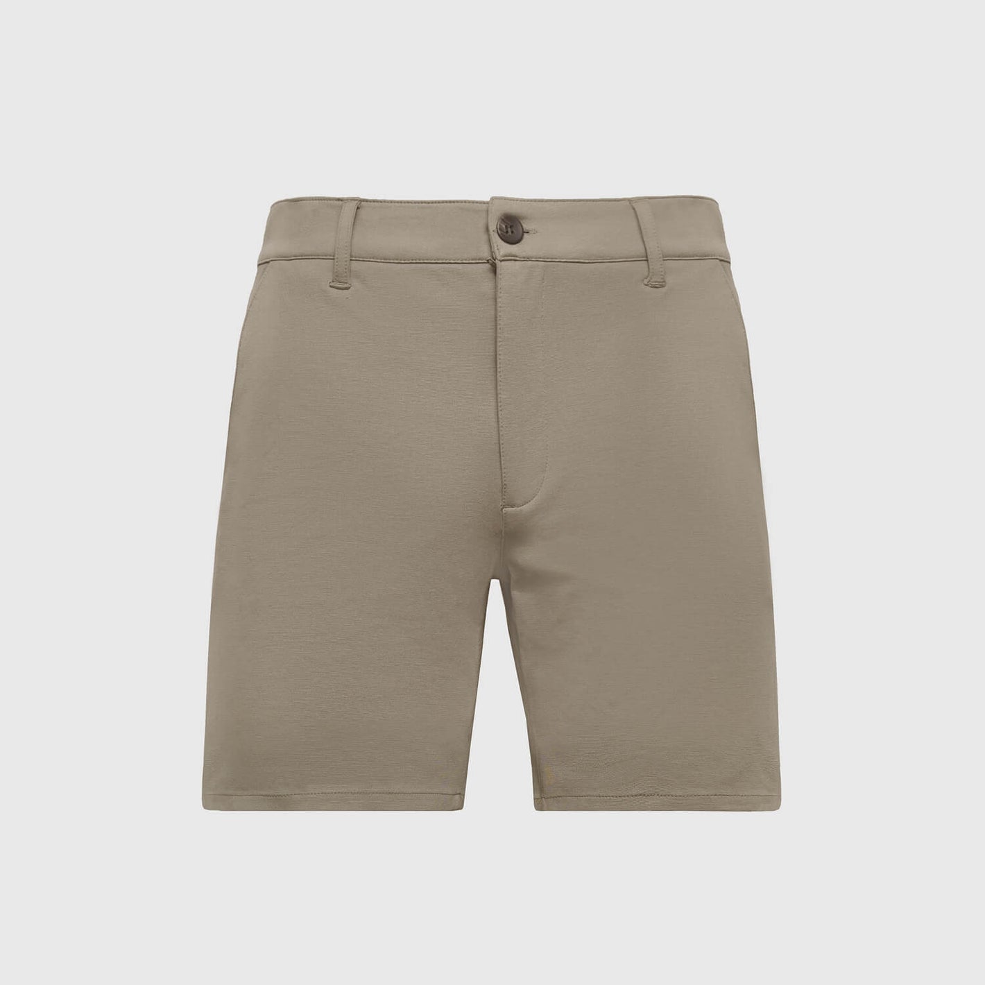 7 Khaki Comfort Knit Chino Shorts with belt loops and button closure.