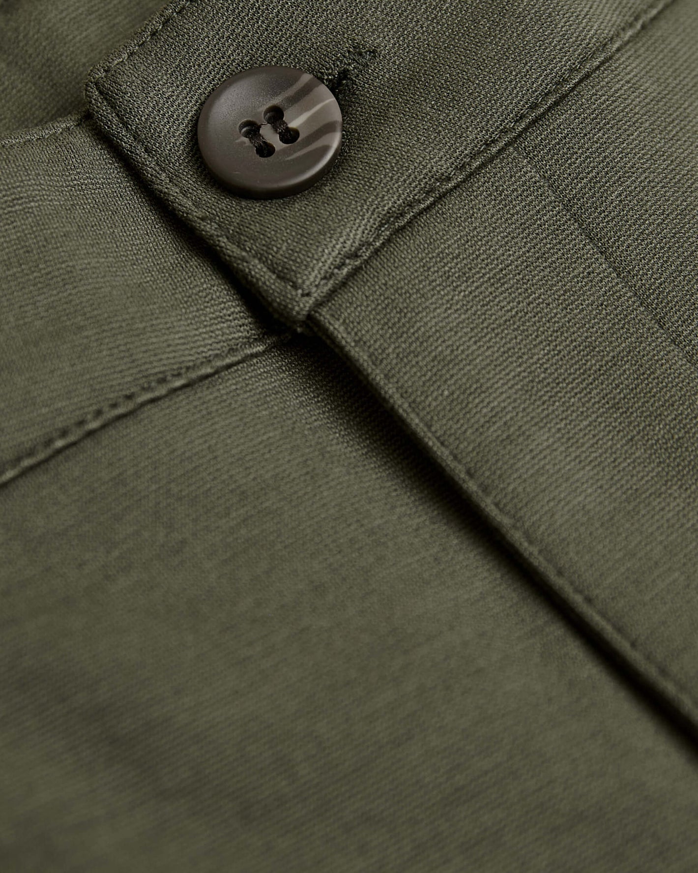 7 Military Green Comfort Knit Chino Short pocket flap with button detail.