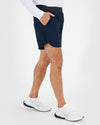 7 Navy Active Training Shorts 2.0 with scalloped legs, zippered pockets.