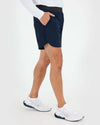 7 Navy Active Training Short with scallop hem and zippered pockets.