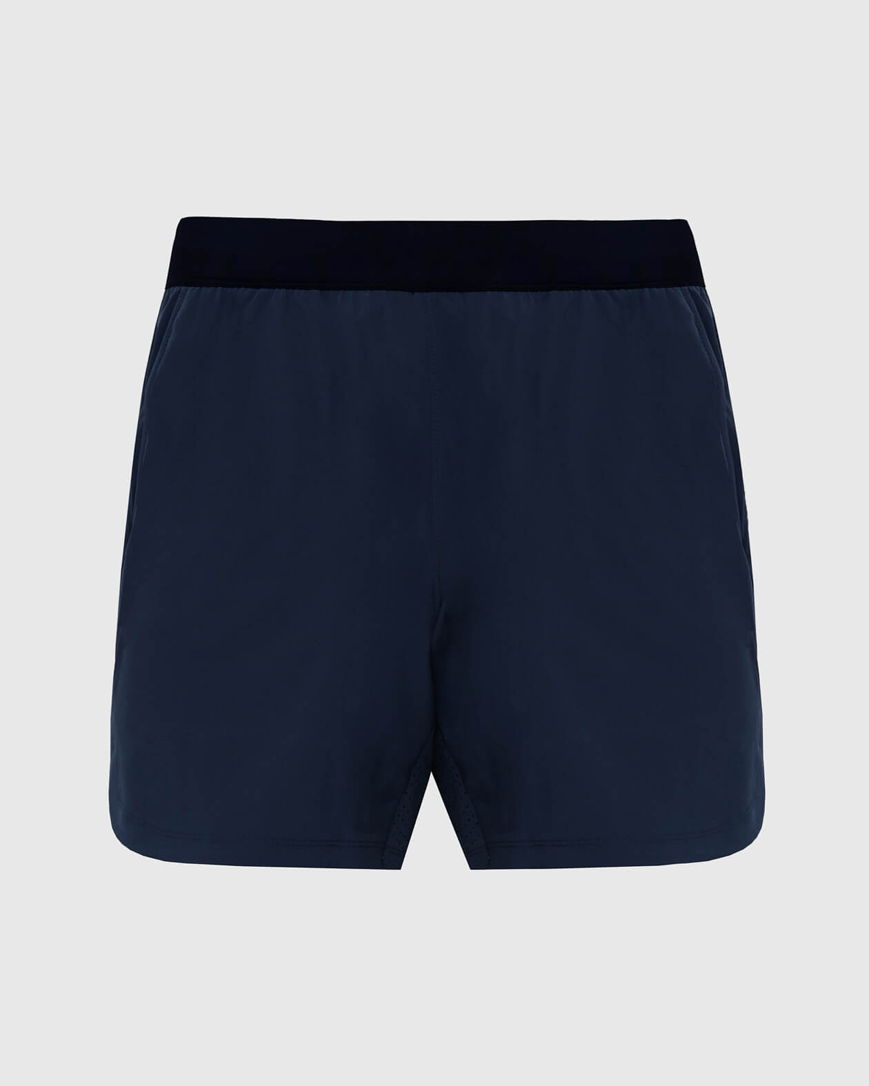 7 Navy Active Training Short with dark waistband and front hem split.