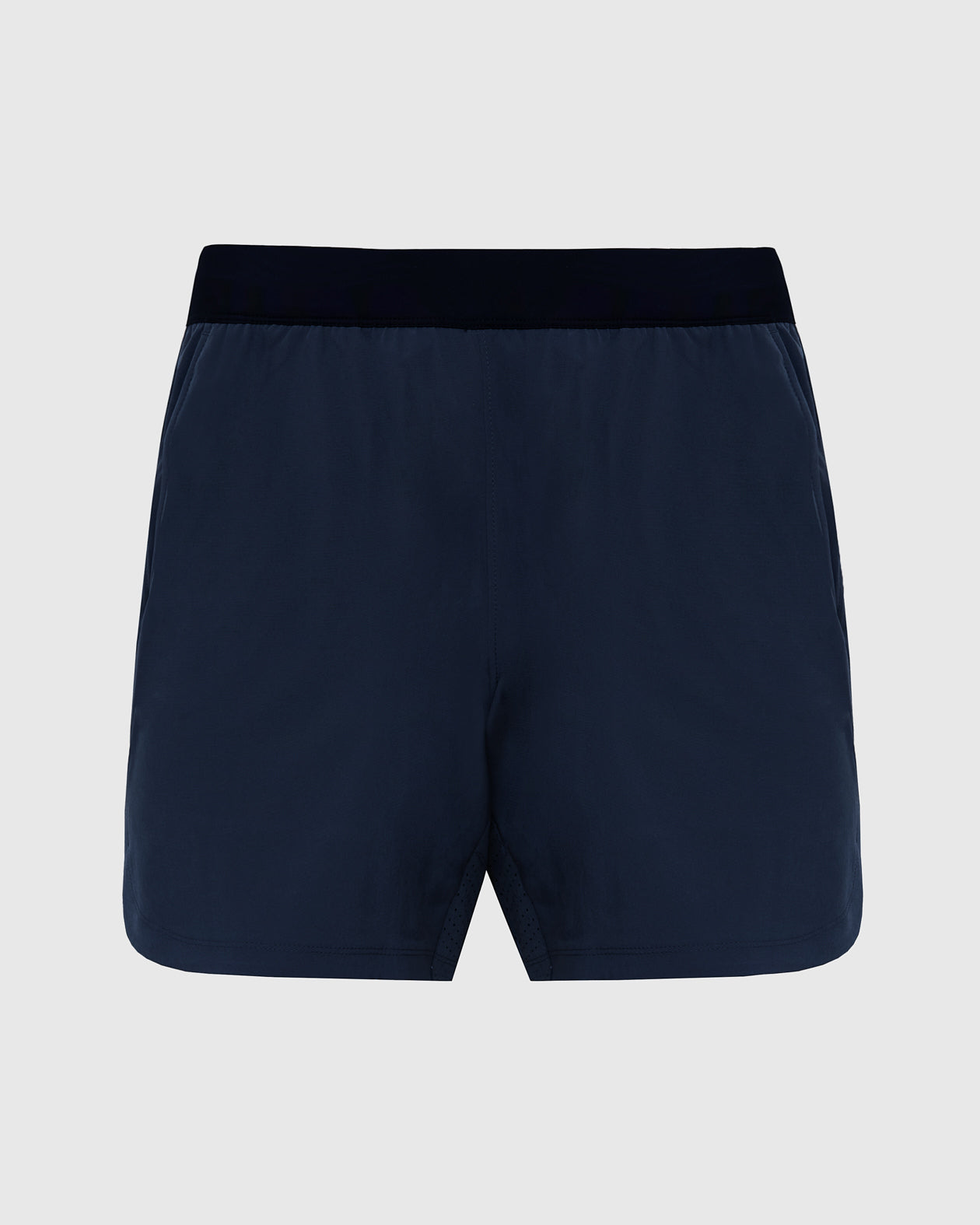 7 Navy Active Training Shorts 2.0 with elastic waistband and side slits.