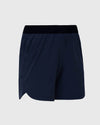 7 Navy Active Training Short with elastic waistband, side vents, zippered pockets.