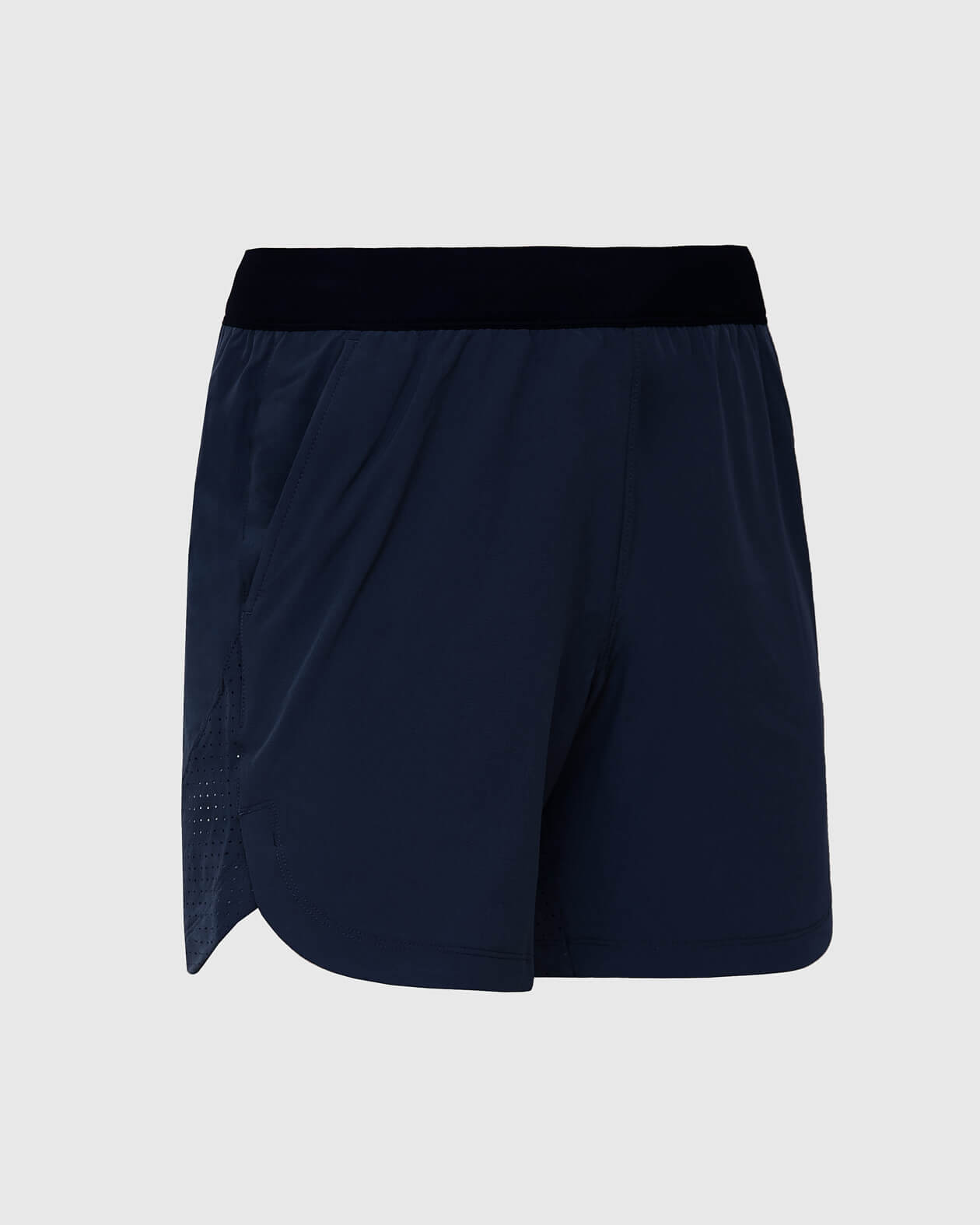 7 Navy Active Training Short with elastic waistband, side vents, zippered pockets.