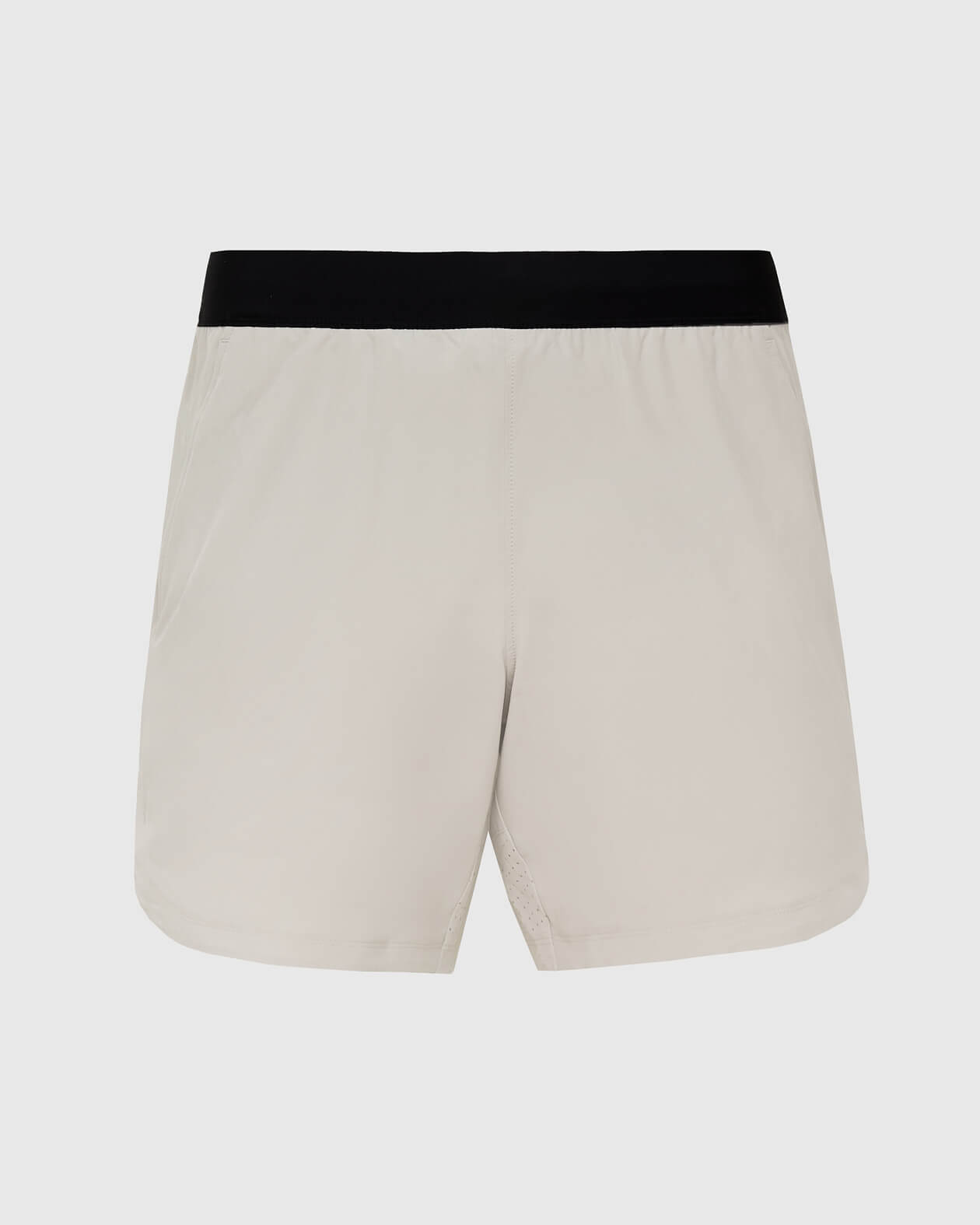 7 Sandstone Active Training Short with black waistband and side slit hem.
