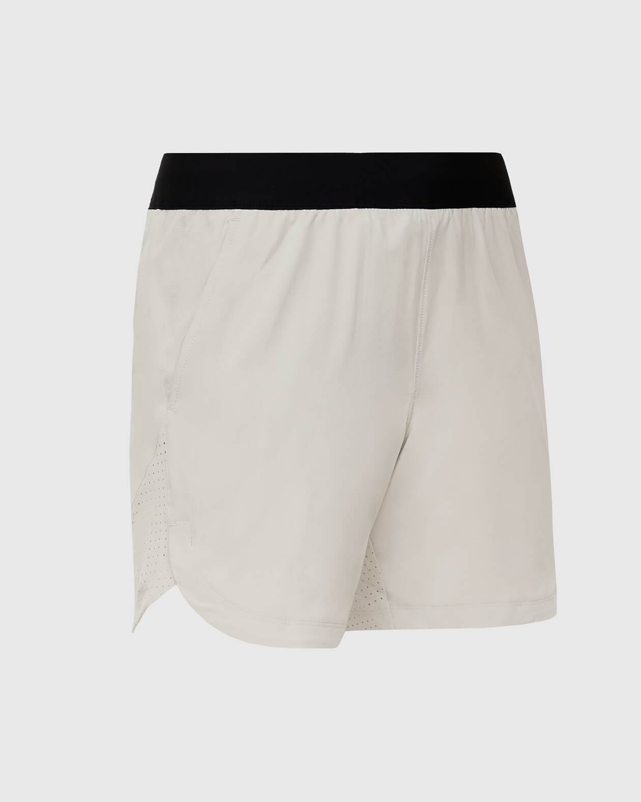 7 Sandstone Active Training Short with black waistband, side ventilation, and zippered pockets.
